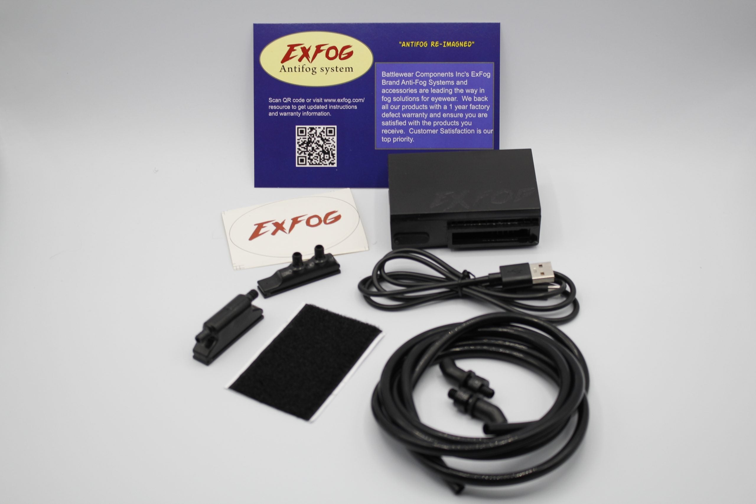 EXFOG XT Anti-Fogging System Components including USB Cable and Mounting Accessories