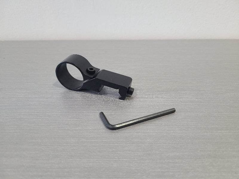 Black flashlight picatinny ring mount with included hex key tool for accessories