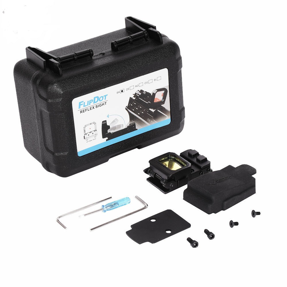 Holy Warrior flip red dot sight for airsoft in a protective case with mounting hardware included