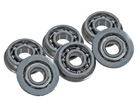 Set of five silver FPS SOFTAIR BEARING B8CA ball bearings arranged on a black background