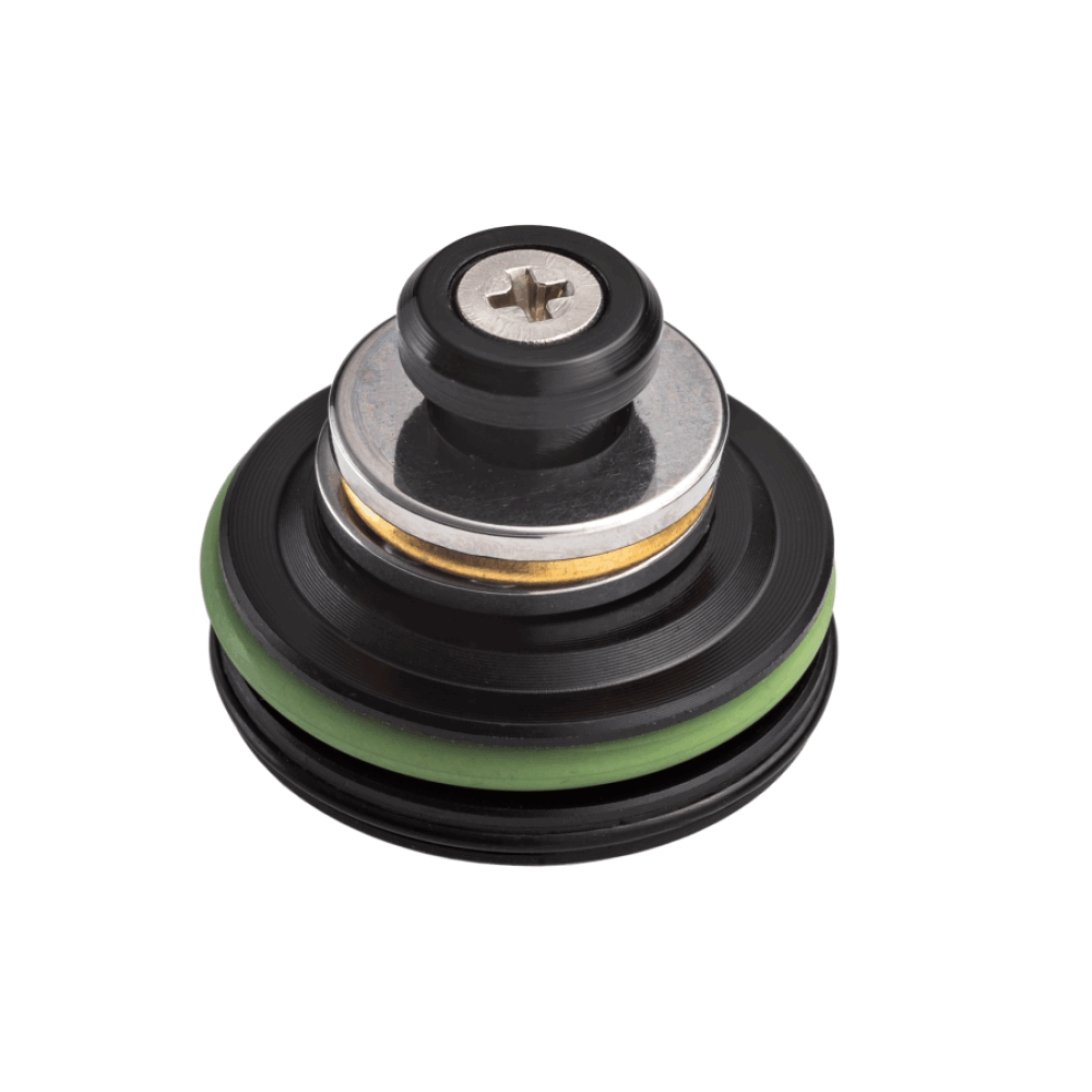 FPS Softair piston black and green metal airsoft gun part with screw on white background