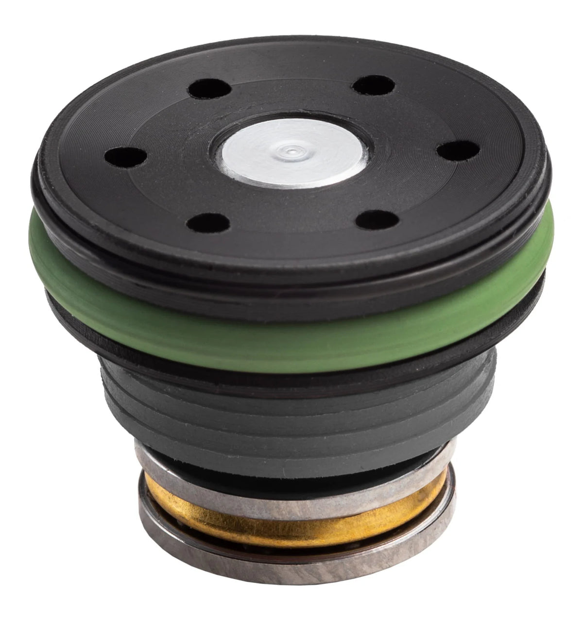 Close-up of FPS SOFTAIR PISTON HEAD TPPA with black and green components for airsoft guns