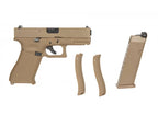 E&C G19X airsoft pistol in tan with two interchangeable backstraps and magazine
