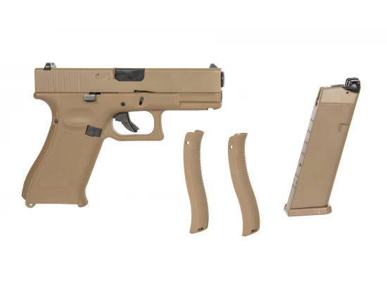 E&C G19X airsoft pistol in tan with two interchangeable backstraps and magazine