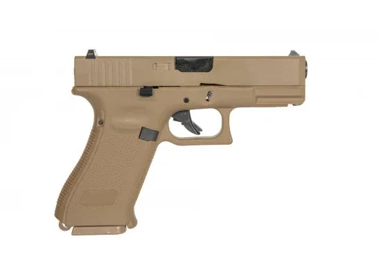 E&C G19X airsoft pistol in tan color with realistic design and detailed features