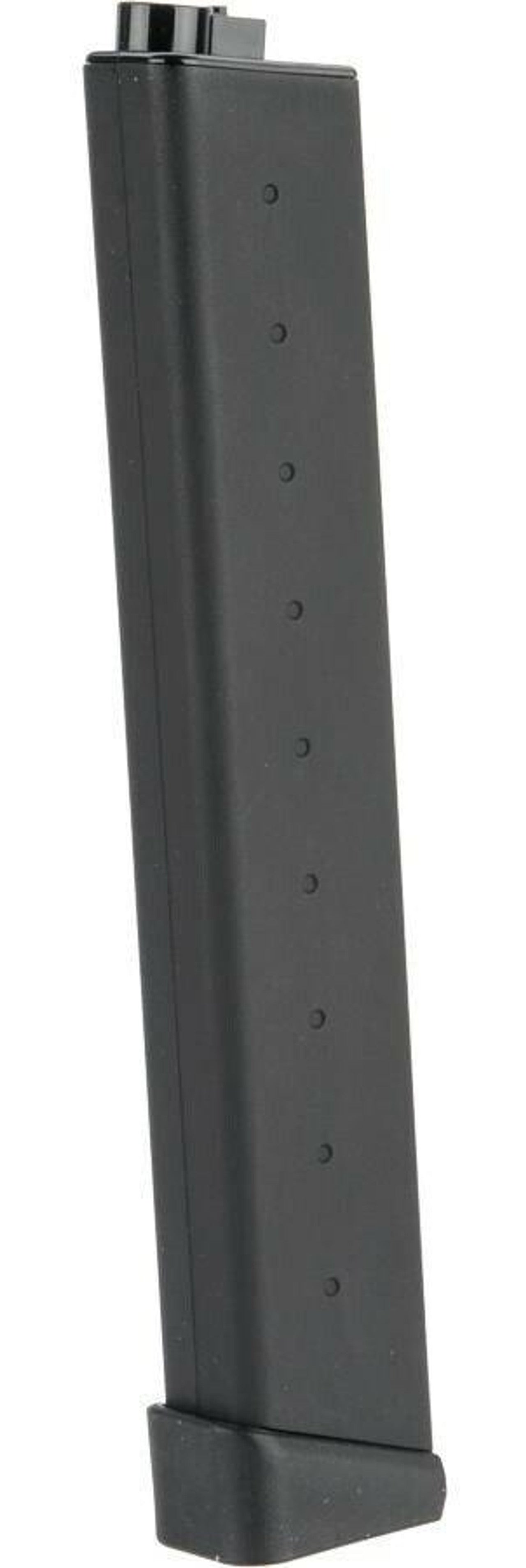 G&G ARP9 mid-cap magazine single black upright replacement airsoft magazine on white background