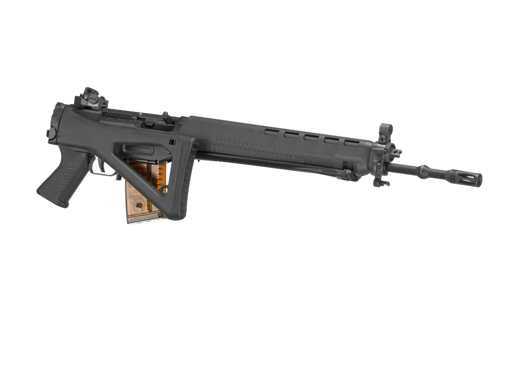 G&G SIG SG550 airsoft rifle black AEG with long barrel polymer handguard and translucent mag