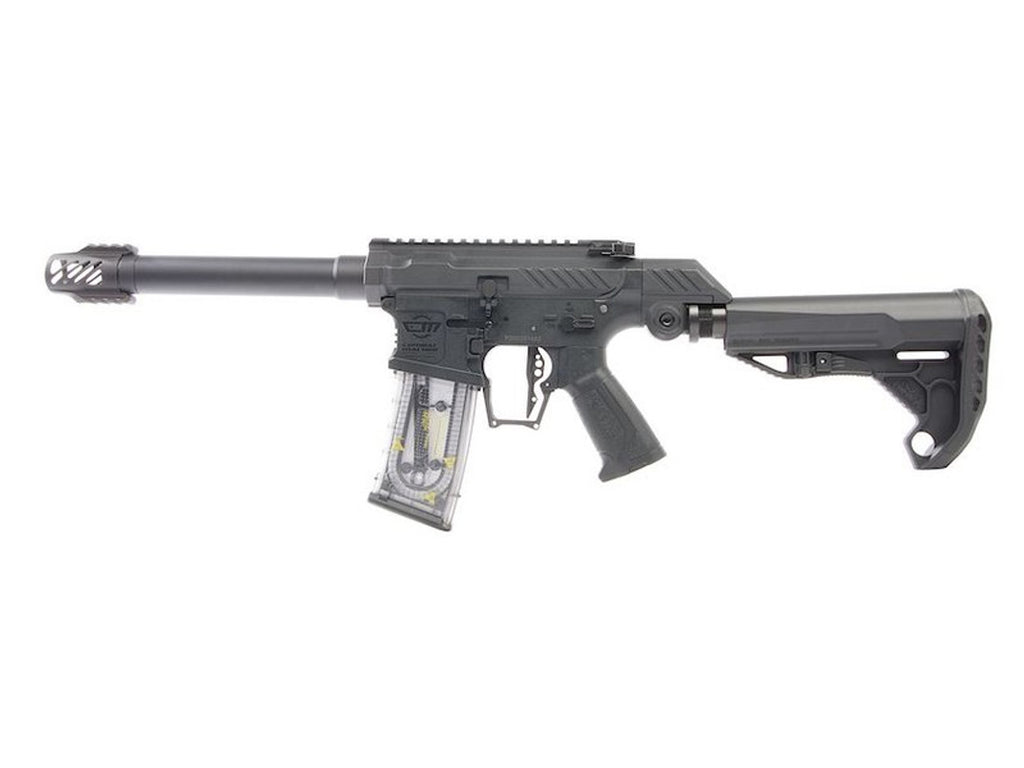 G&G SSG-1 USR airsoft gun AEG with black polymer chassis, adjustable stock, long threaded barrel and clear magazine