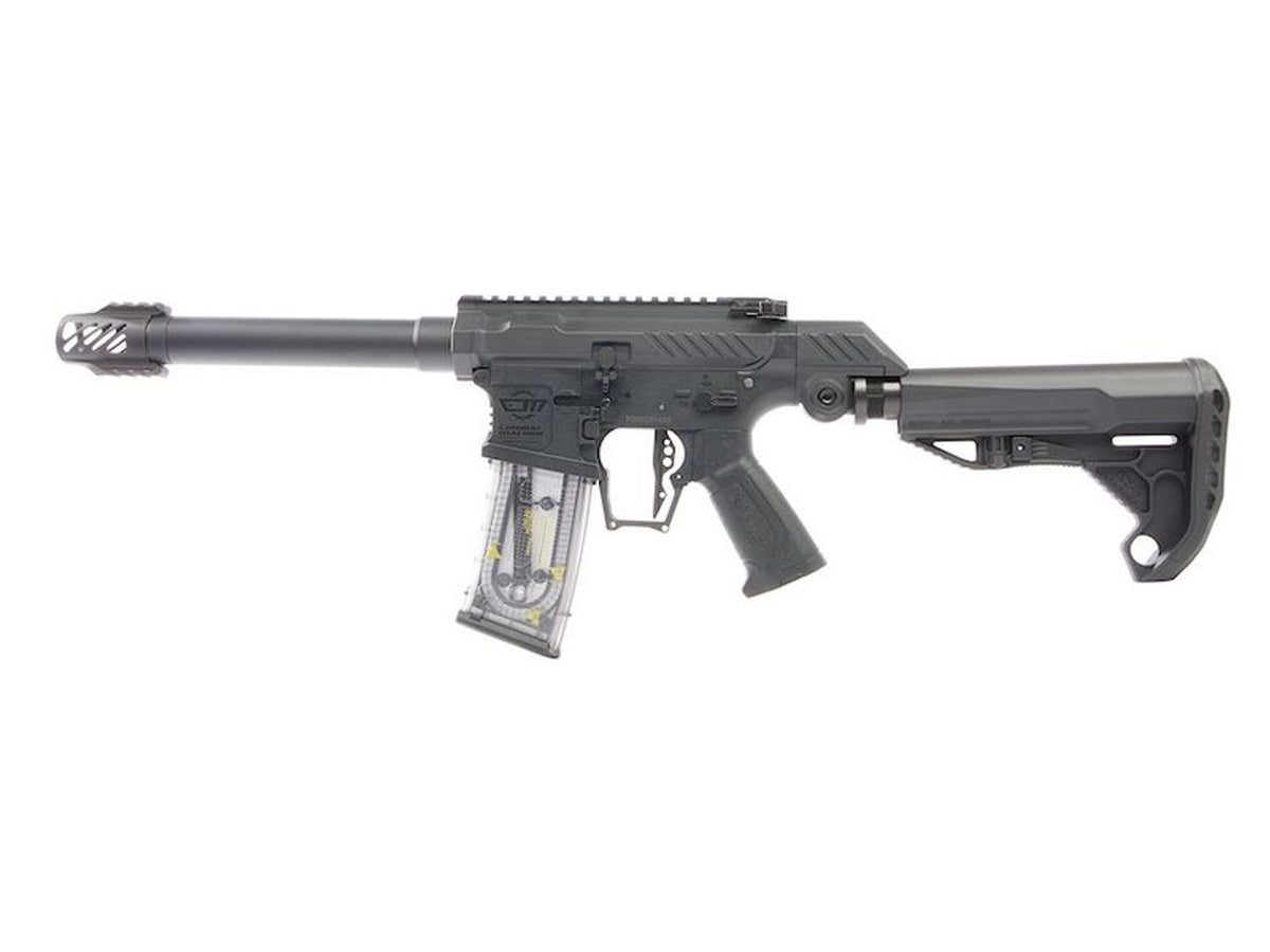 G&G SSG-1 USR airsoft gun AEG with black polymer chassis, adjustable stock, long threaded barrel and clear magazine
