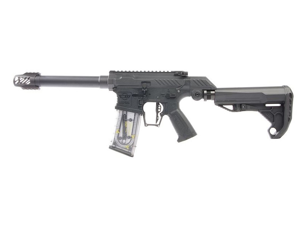G&G SSG-1 USR airsoft gun AEG with black polymer chassis, adjustable stock, long threaded barrel and clear magazine