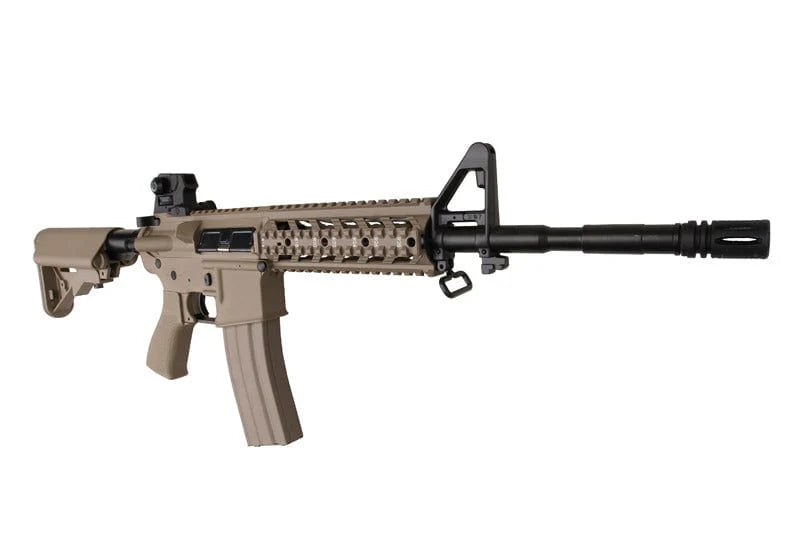 G&G CM16 Raider-L airsoft rifle in flat dark earth AEG with full length rail adjustable stock and black barrel