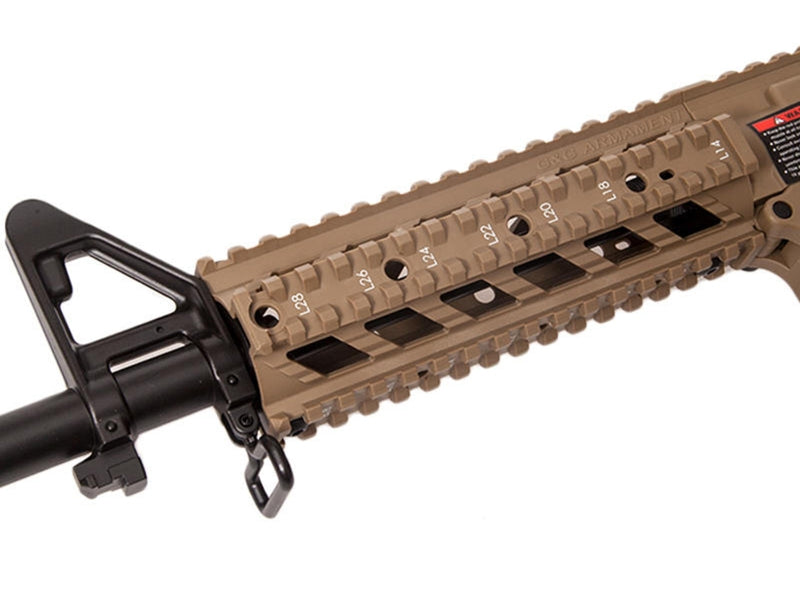 Close up of tan rail and front sight on G&G CM16 Raider-L airsoft rifle AEG with sling swivel