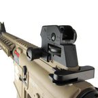 G&G CM16 Raider-L airsoft rifle tan AEG close up of rear iron sight charging handle and top rail