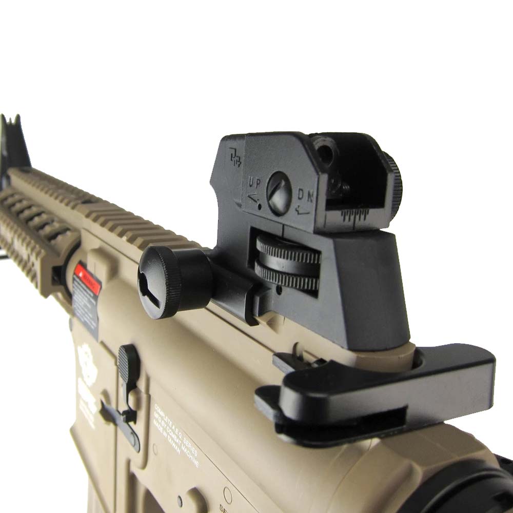 G&G CM16 Raider-L airsoft rifle tan AEG close up of rear iron sight charging handle and top rail