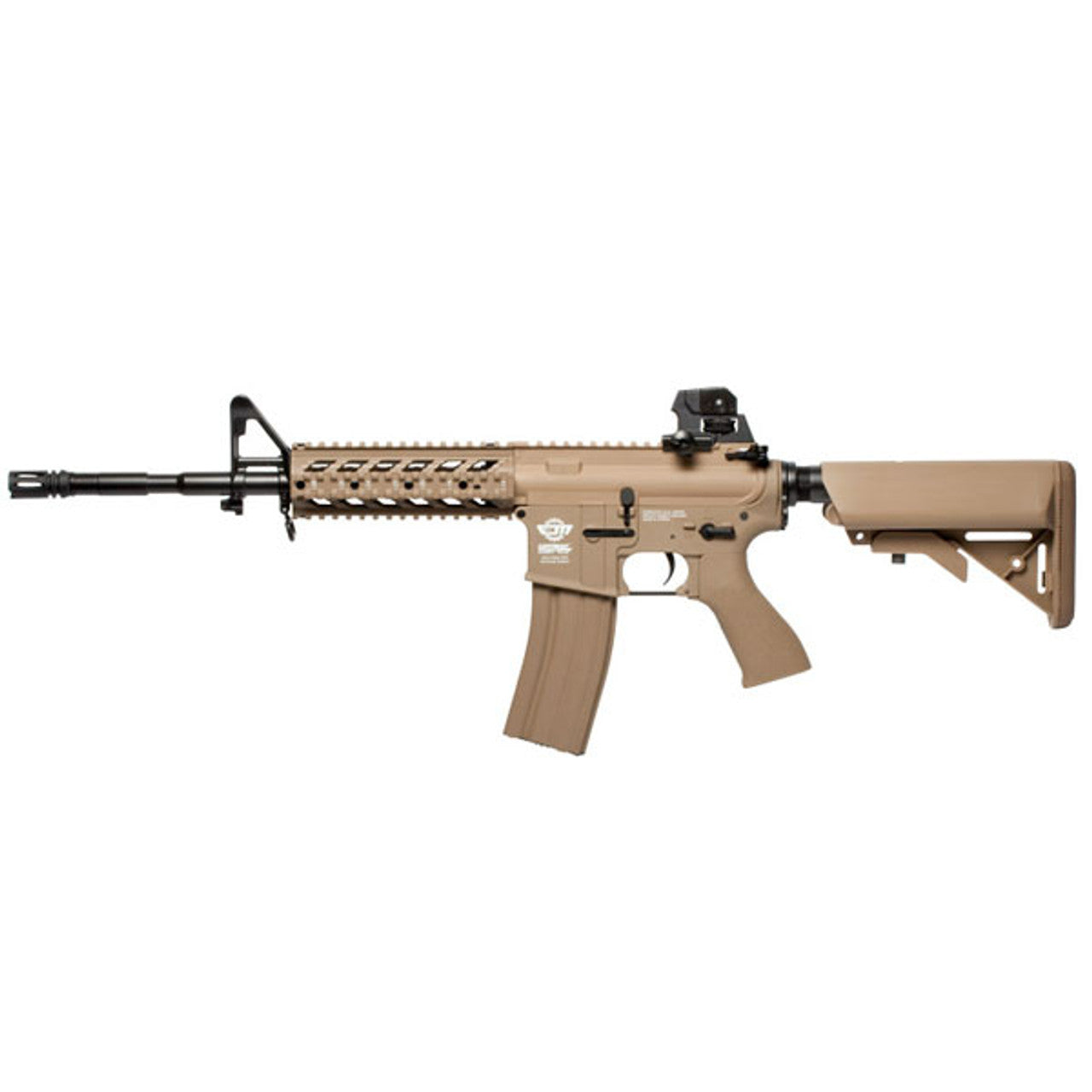 G&G CM16 Raider-L airsoft rifle tan AEG with adjustable stock top rail and red dot sight