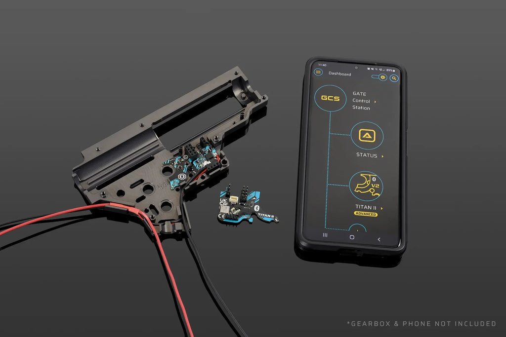 GATE airsoft electronic control system with gearbox and smartphone interface for precision upgrades