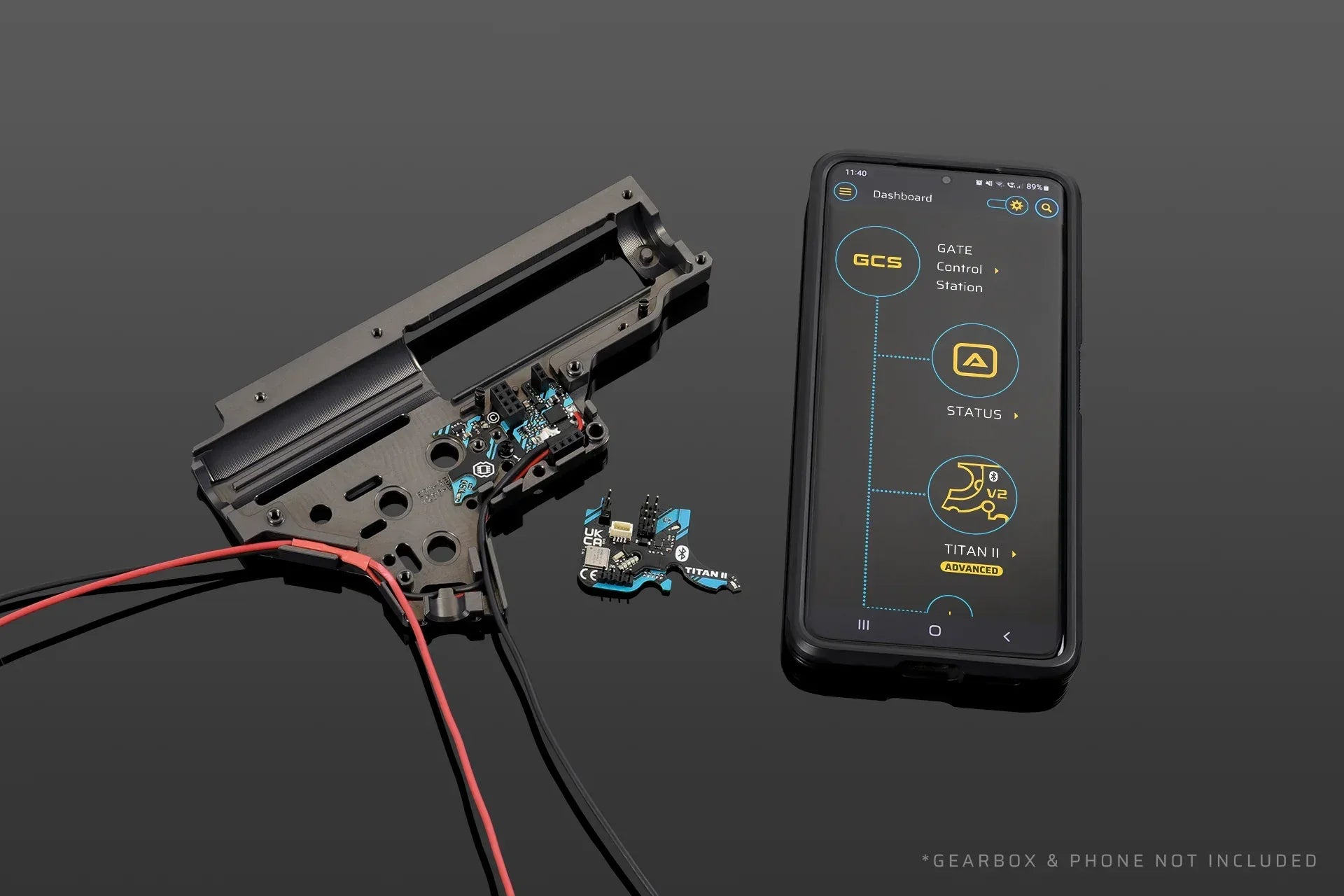 GATE airsoft electronic control system with gearbox and smartphone interface for precision upgrades