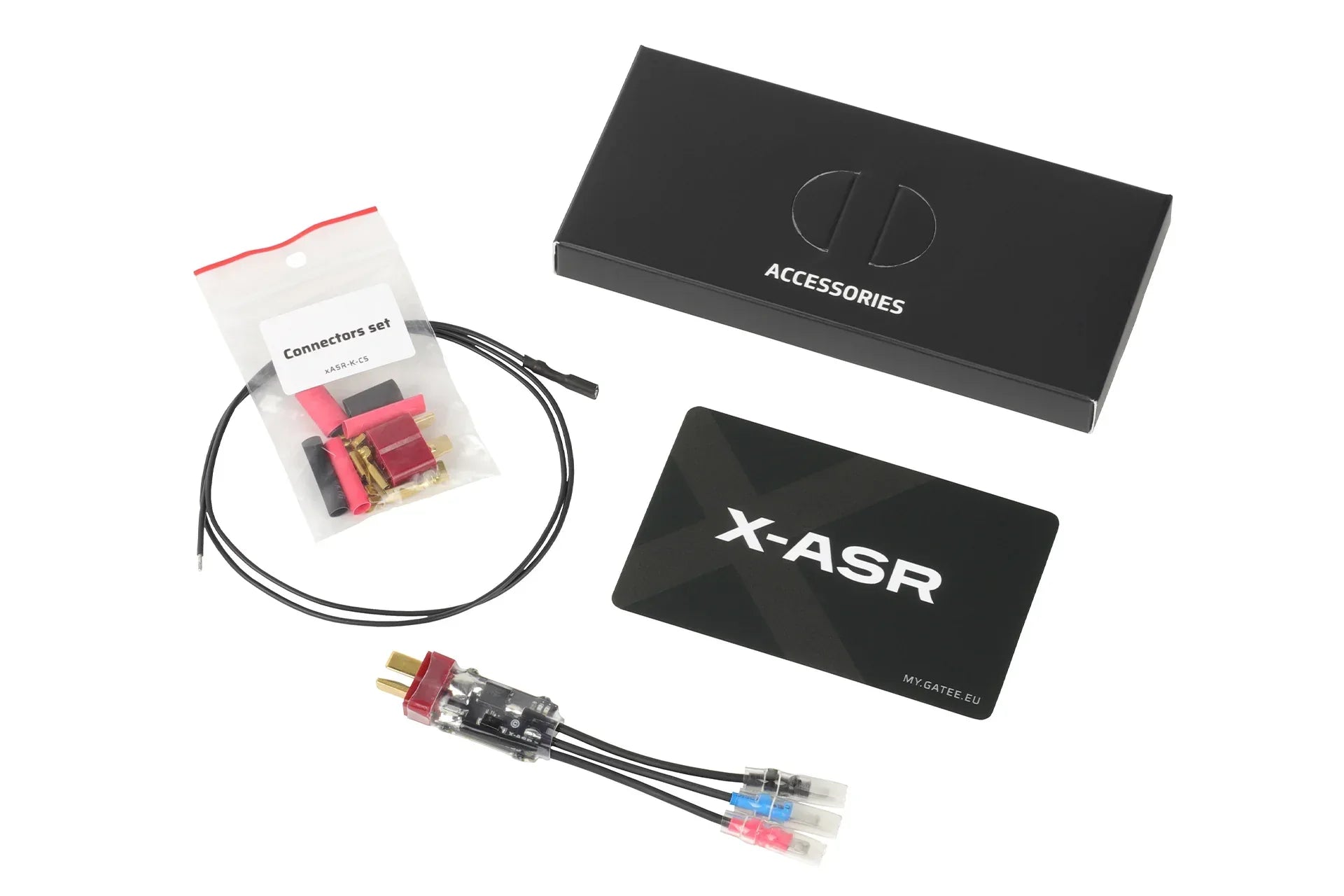 GATE ASR2 accessory set with connectors, wiring, and X-ASR card for RC applications