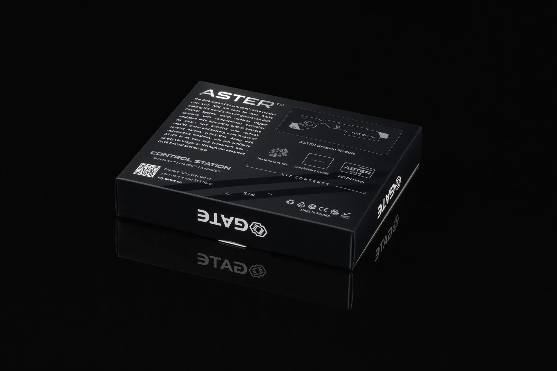 GATE ASTER II BLUETOOTH V3 Control Station Packaging with Specifications and QR Code