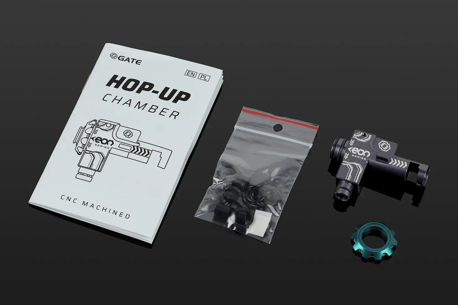 GATE EON HOP-UP CHAMBER kit with manual, components, and secure packaging for airsoft enthusiasts