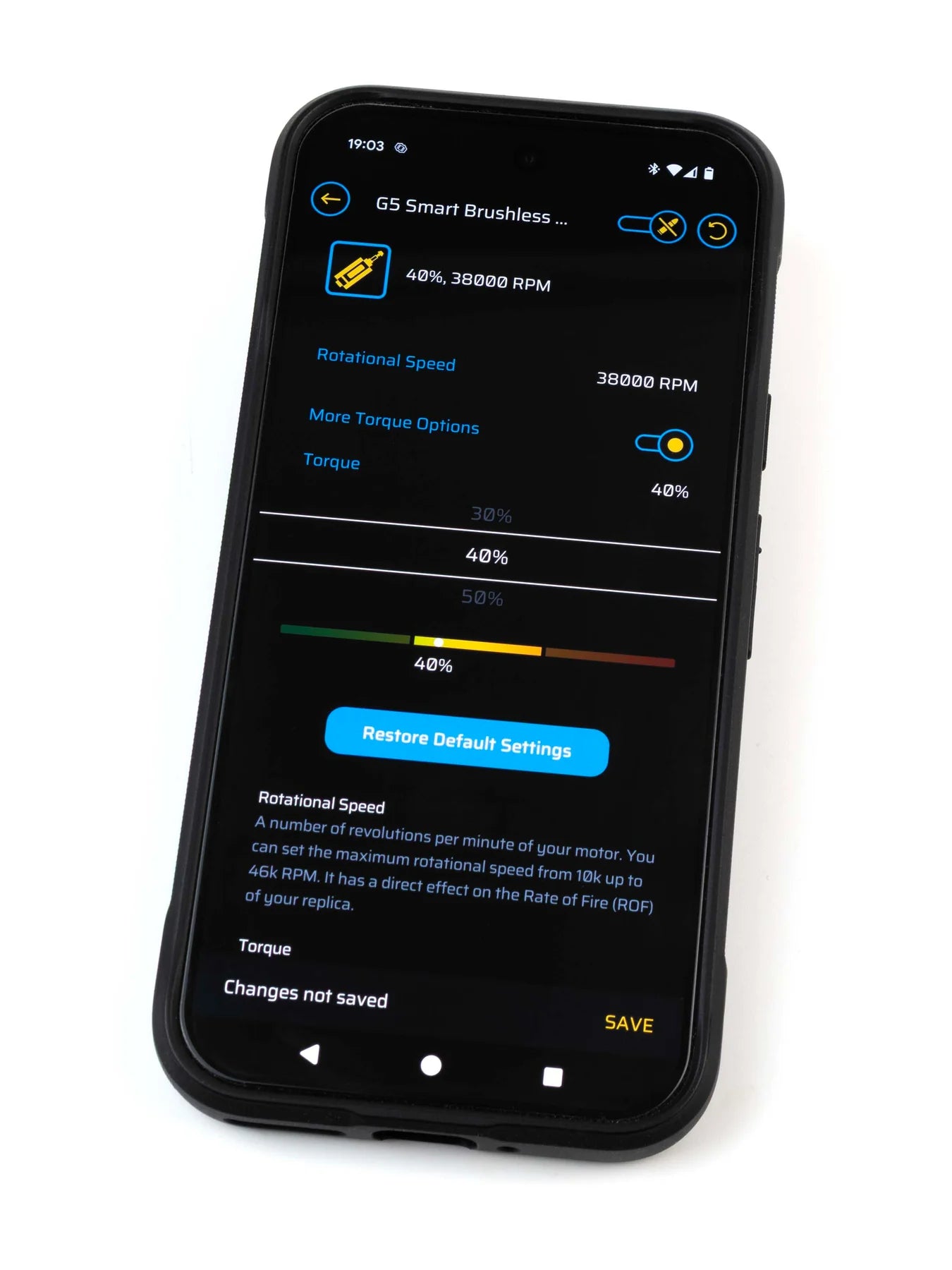 GATE G5 Smart Brushless Motor Controller App Interface Showing Speed and Torque Settings