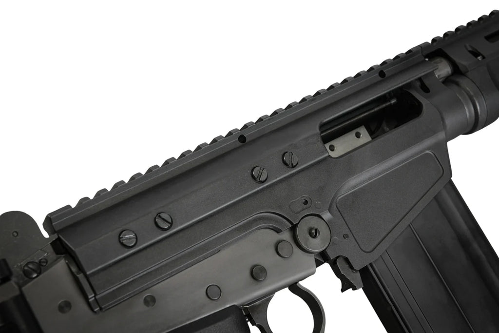 Close-up of GBBR airsoft rifle's upper receiver with tactical rail for accessories