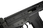Close-up of GBBR airsoft rifle's upper receiver with tactical rail for accessories