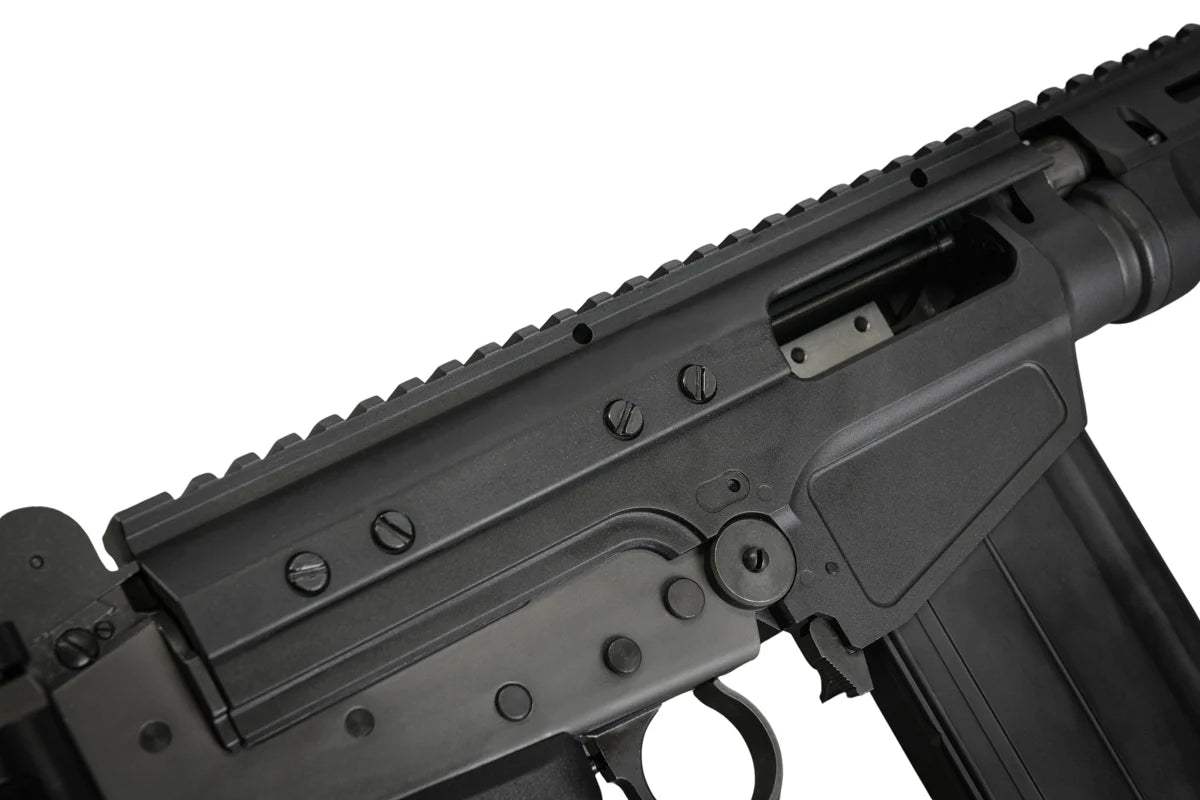 Close-up of GBBR airsoft rifle's upper receiver with tactical rail for accessories