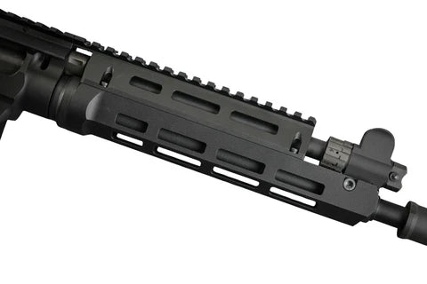 Close-up of GBBR airsoft rifle handguard with rail for accessories mounting