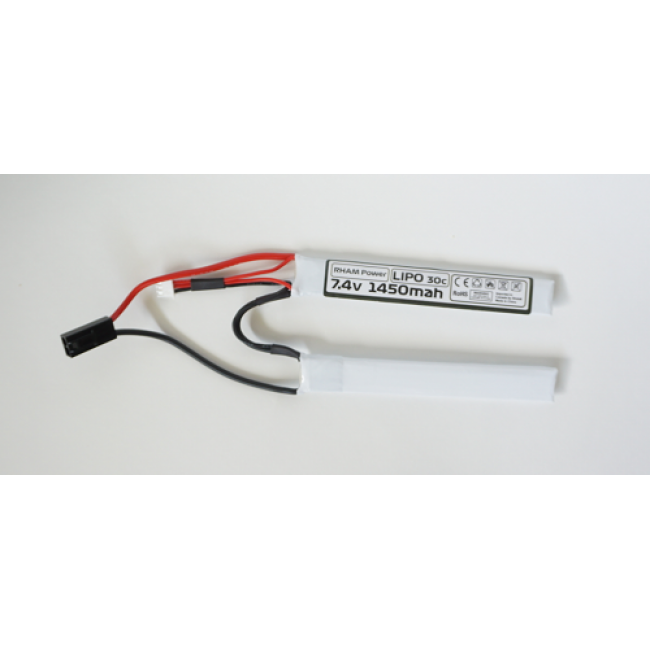 RHAM POWER airsoft 7.4v lipo battery 1450mAh slim twin pack with red and black leads and connector