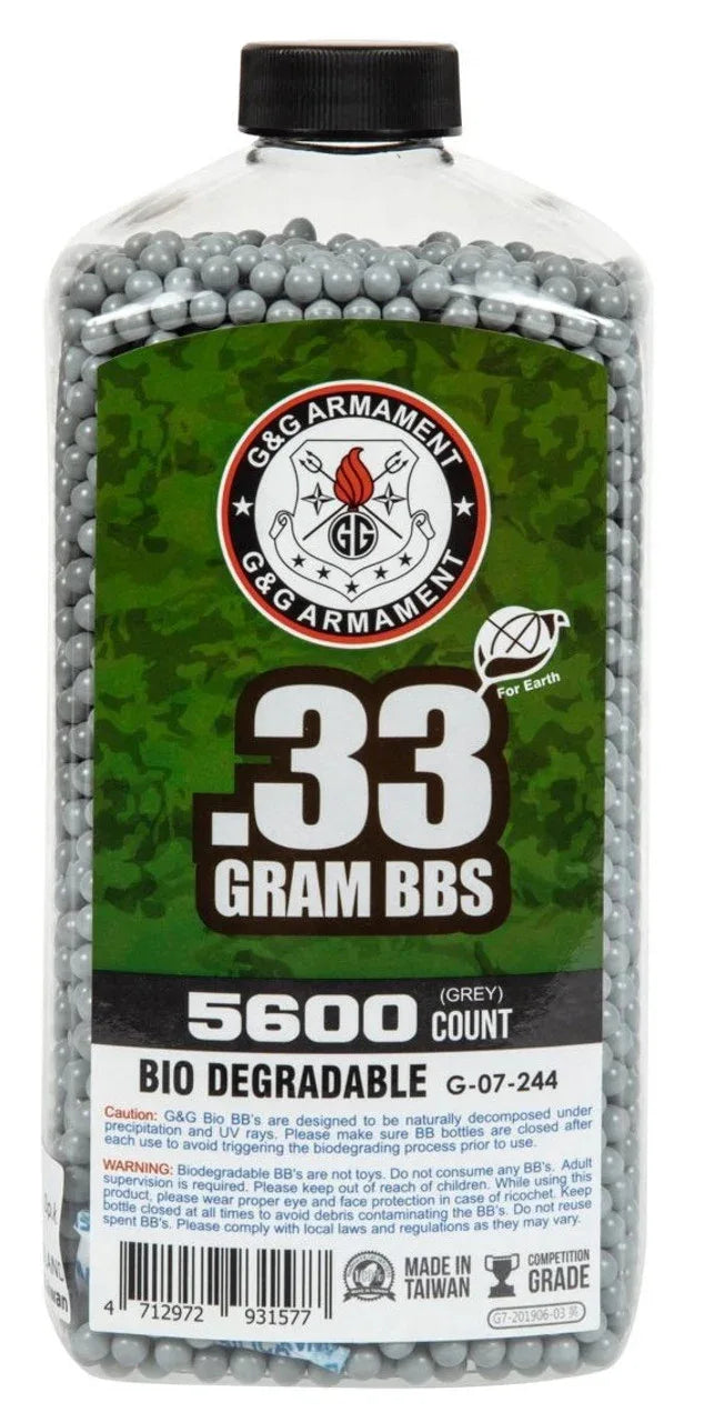 G&G .33 Gram Biodegradable Airsoft BBs in a 5600 Count Gray Bottle for Eco-Friendly Airsoft Games