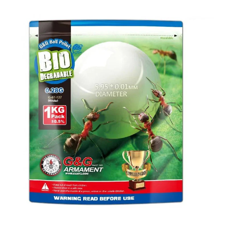 G&G BBS biodegradable 0.28g ball pellets in a 1kg pack with a 5.95mm diameter