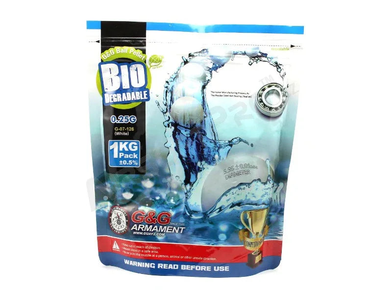 G&G BIO AIRSOFT BBs 0.25g in 1kg pack, biodegradable pellets for eco-friendly airsoft gameplay