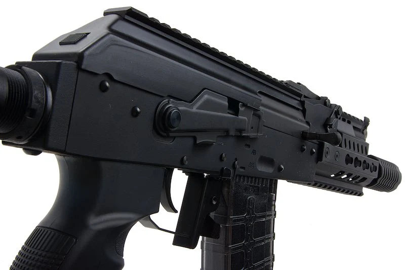 G&G RK74 CQB airsoft gun compact black AEG with top rail handguard textured pistol grip and magazine