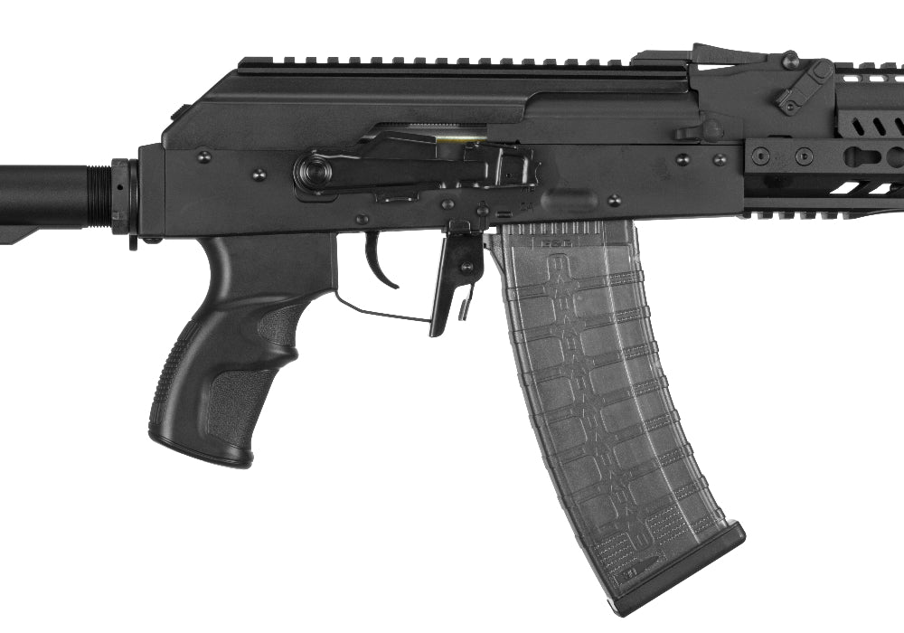 G&G RK74 CQB airsoft gun AEG close up of black receiver pistol grip translucent curved magazine and top rail