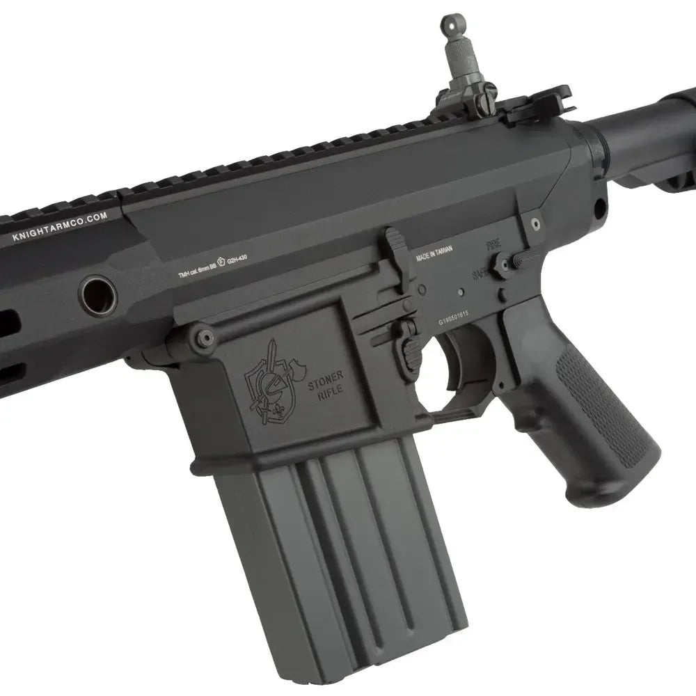 G&G KNIGHTARMS SR25 AEG with black design and ergonomic grip for airsoft enthusiasts