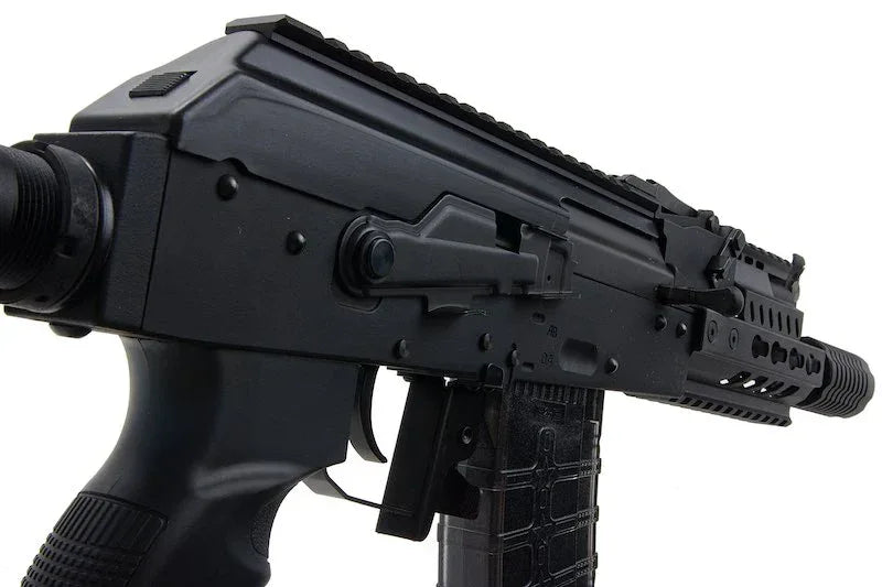 Close-up of G&G RK74 CQB Airsoft Rifle with sleek black finish and tactical features