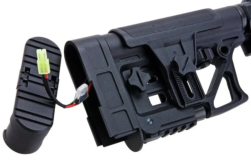 Close-up of G&G TR80 DMR AEG AIRSOFT stock showing wiring and adjustable features