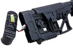 Close-up of G&G TR80 DMR AEG AIRSOFT stock showing wiring and adjustable features