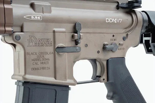 Close-up of GHK Daniel Defense licensed MFR airsoft rifle featuring semi-auto and full-auto settings