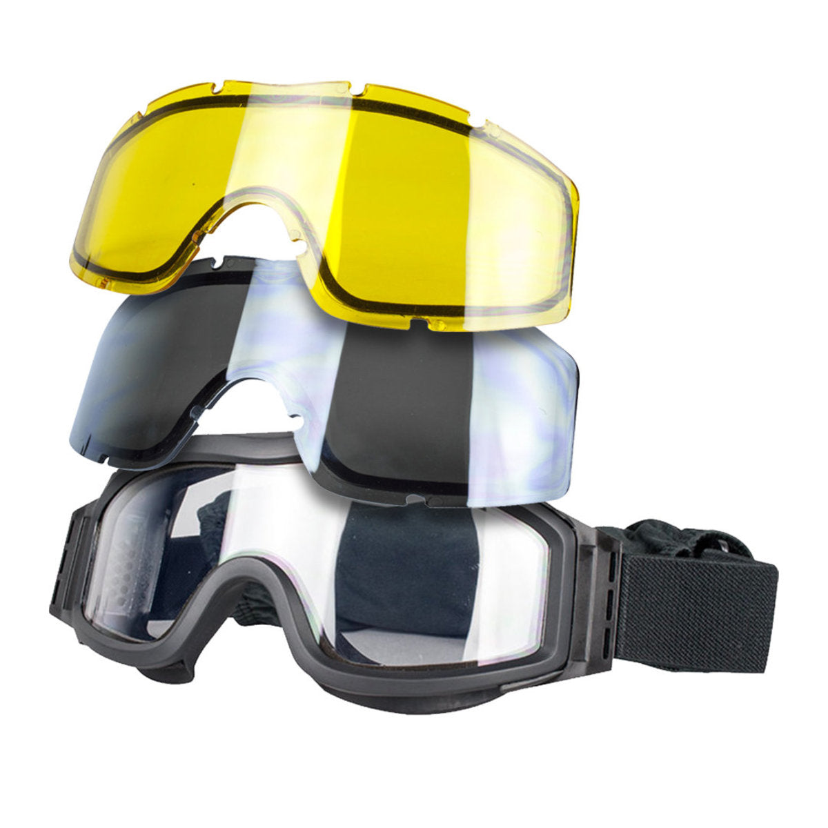 Valken airsoft goggles with interchangeable yellow, black, and clear lenses for optimal visibility and protection