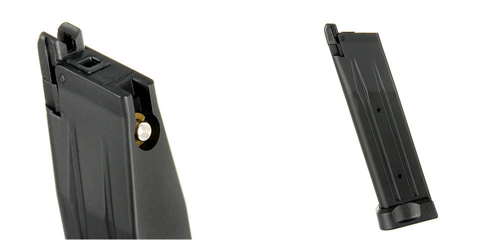 Black hi-capa airsoft magazine with a sleek design for enhanced performance and reliability