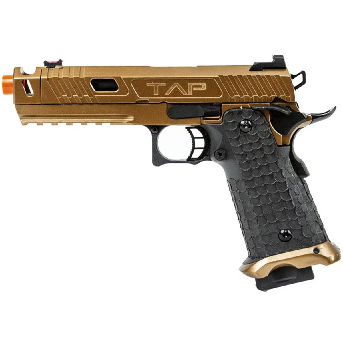 ECHO1 HI CAPA AIRSOFT pistol with gold slide and textured black grip for realistic airsoft gameplay