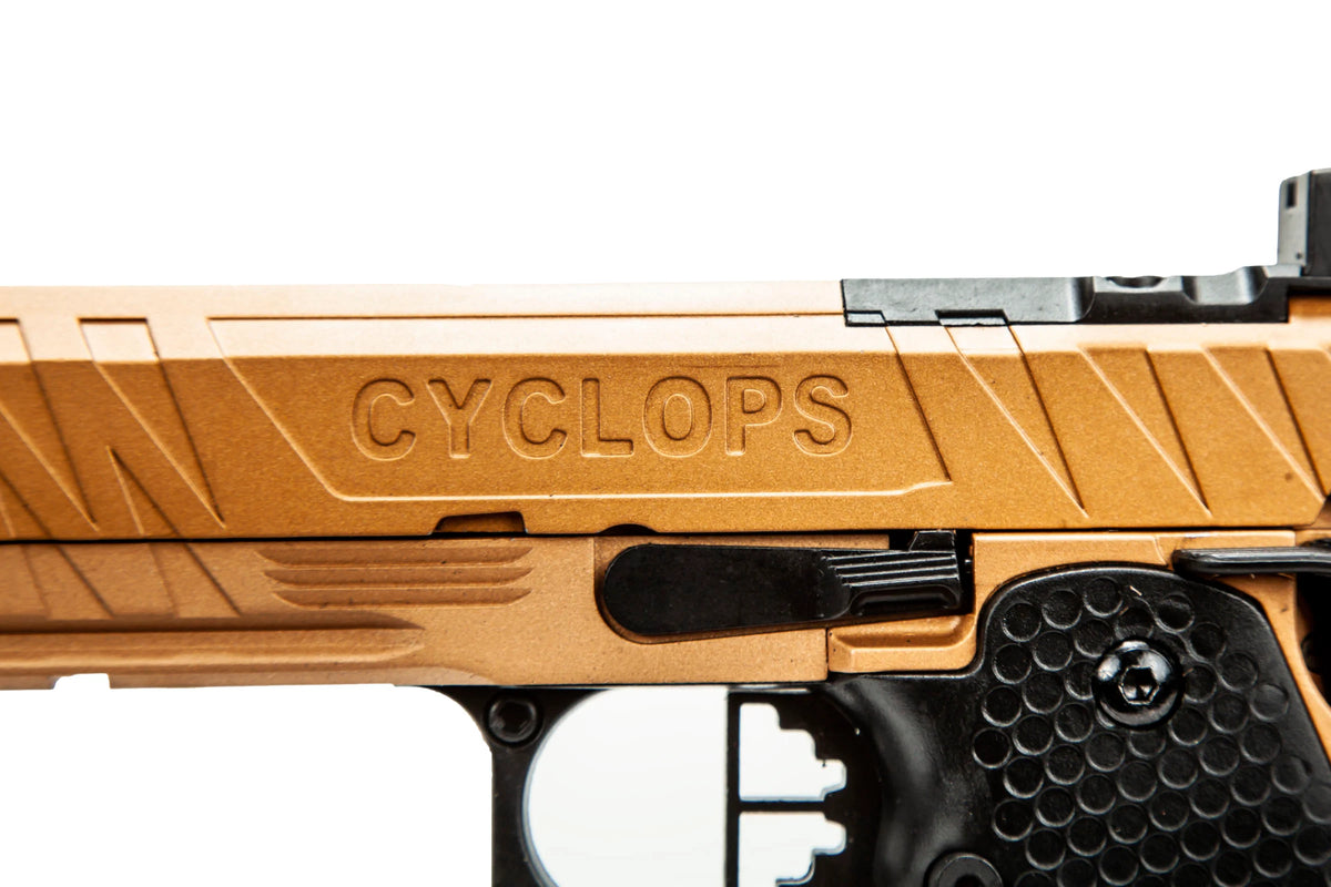 ECHO1 Cyclops HI CAPA AIRSOFT pistol with detailed gold and black textured grip