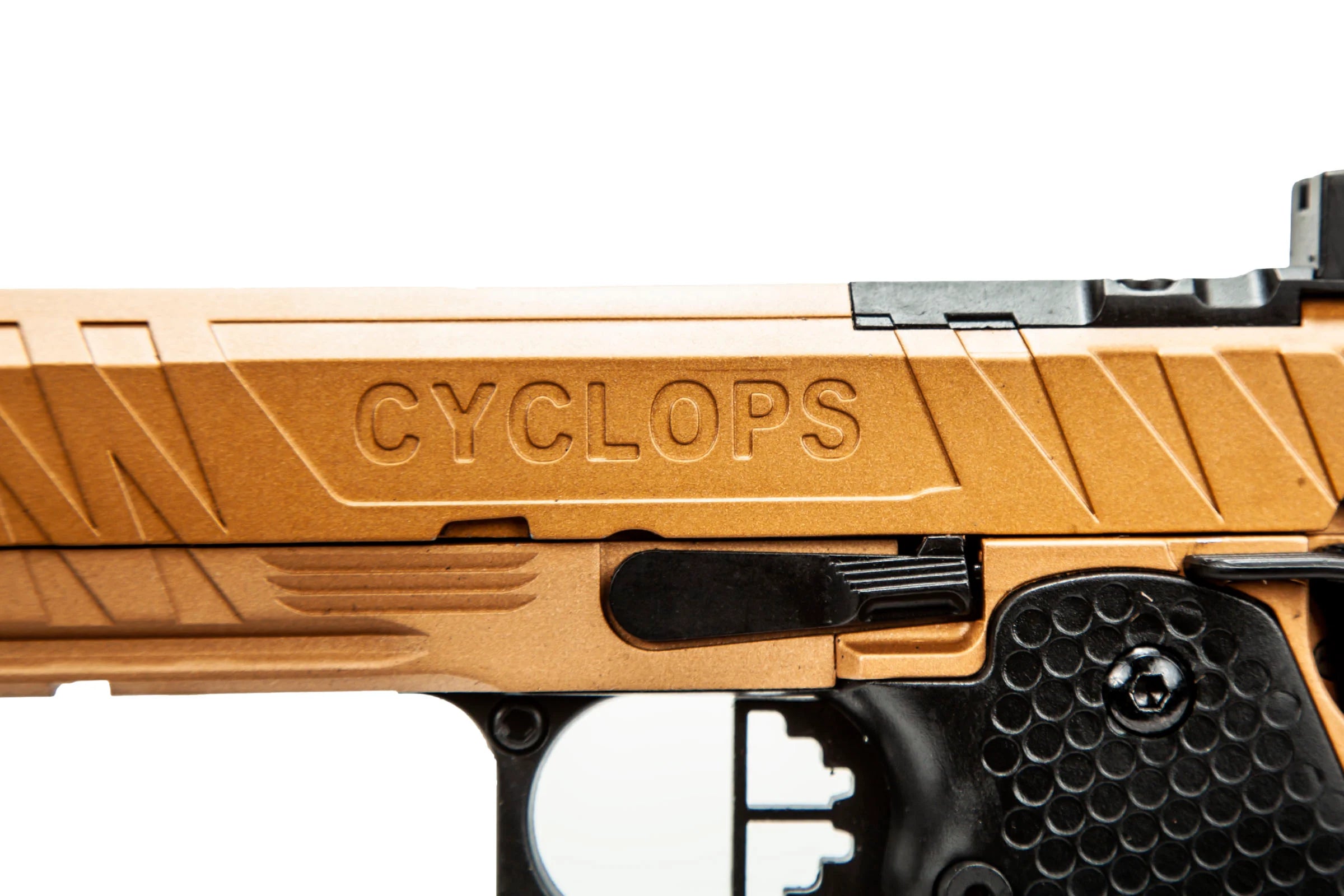ECHO1 Cyclops HI CAPA AIRSOFT pistol with detailed gold and black textured grip