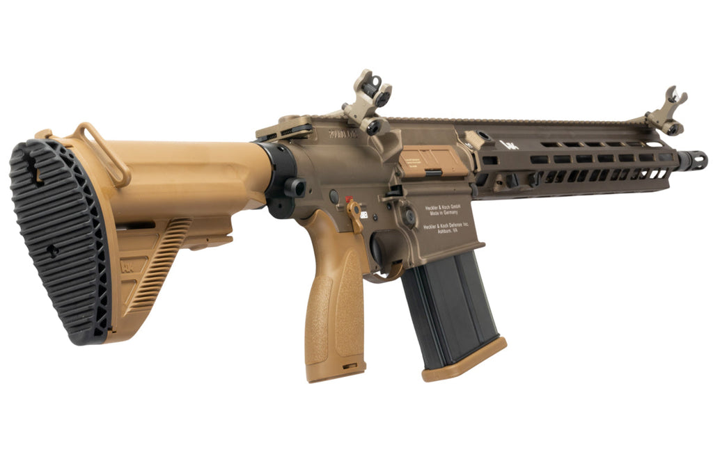 VFC M110 GBB tan and black gas blowback rifle with adjustable sights and tactical handguard