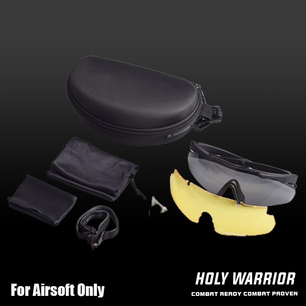 Holy Warrior airsoft protective goggles with carrying case and additional lens for enhanced visibility