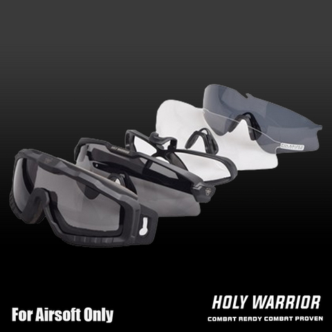 Holy Warrior airsoft protective goggles in black and clear for optimal eye protection during airsoft games