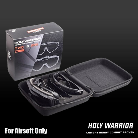 Holy Warrior airsoft protective goggles in a carrying case designed for safe storage and transport