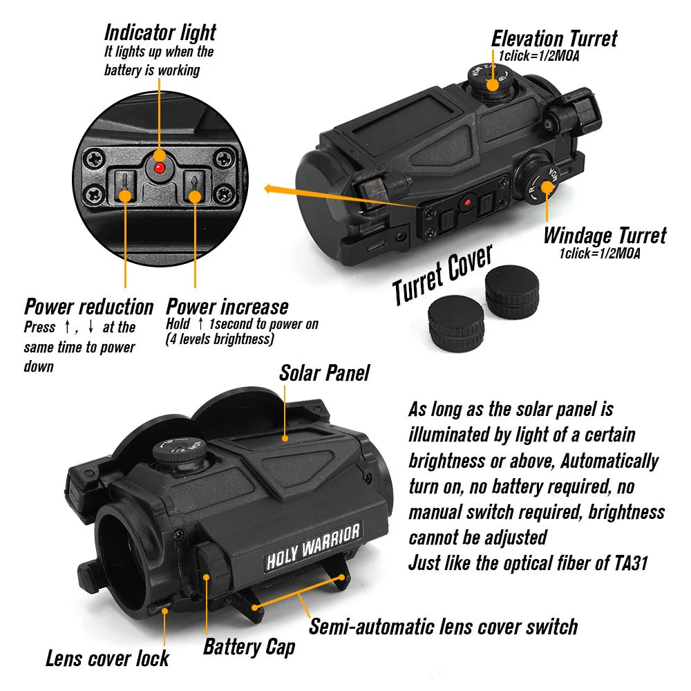 Holy Warrior HWO-SX red dot sight featuring solar panel, adjustable turrets, and lens cover lock